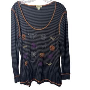One World Halloween Top Shirt 1X Black Striped Rhinestone‎ Cats Bats Pumpkins